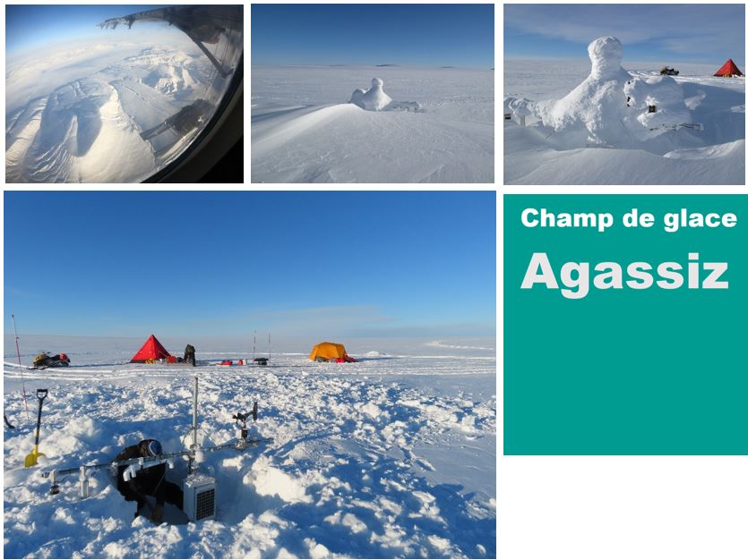 Compilation d’images d’une créature de neige, du camp de base et d’un chercheur déneigeant l’équipement